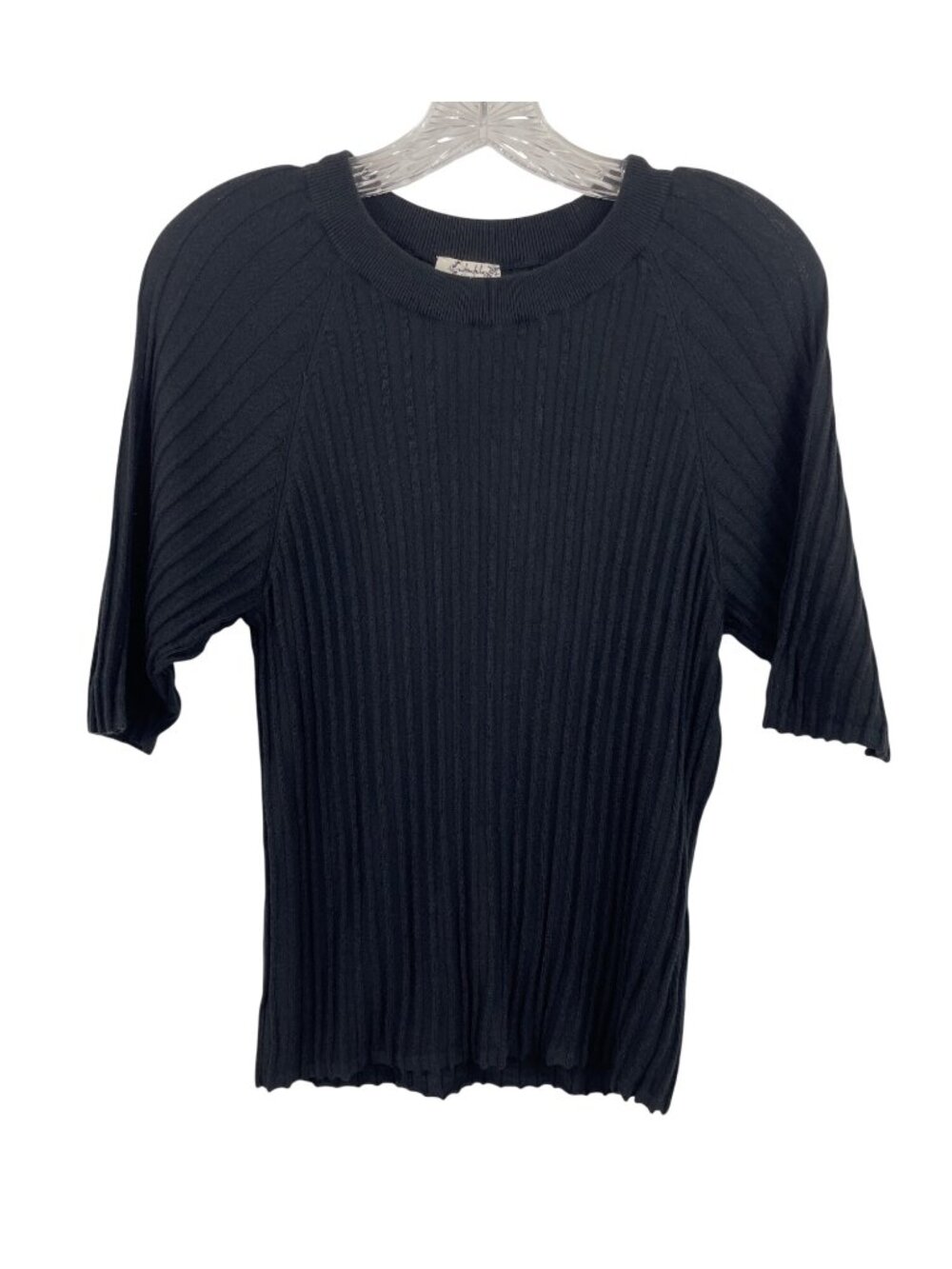 Free People Black Ribbed Knit Short Sleeve Top Womens Size L